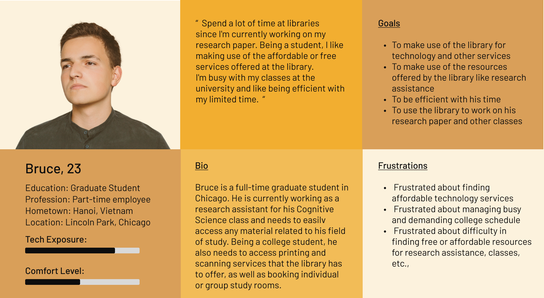 Bruce persona card — graduate student