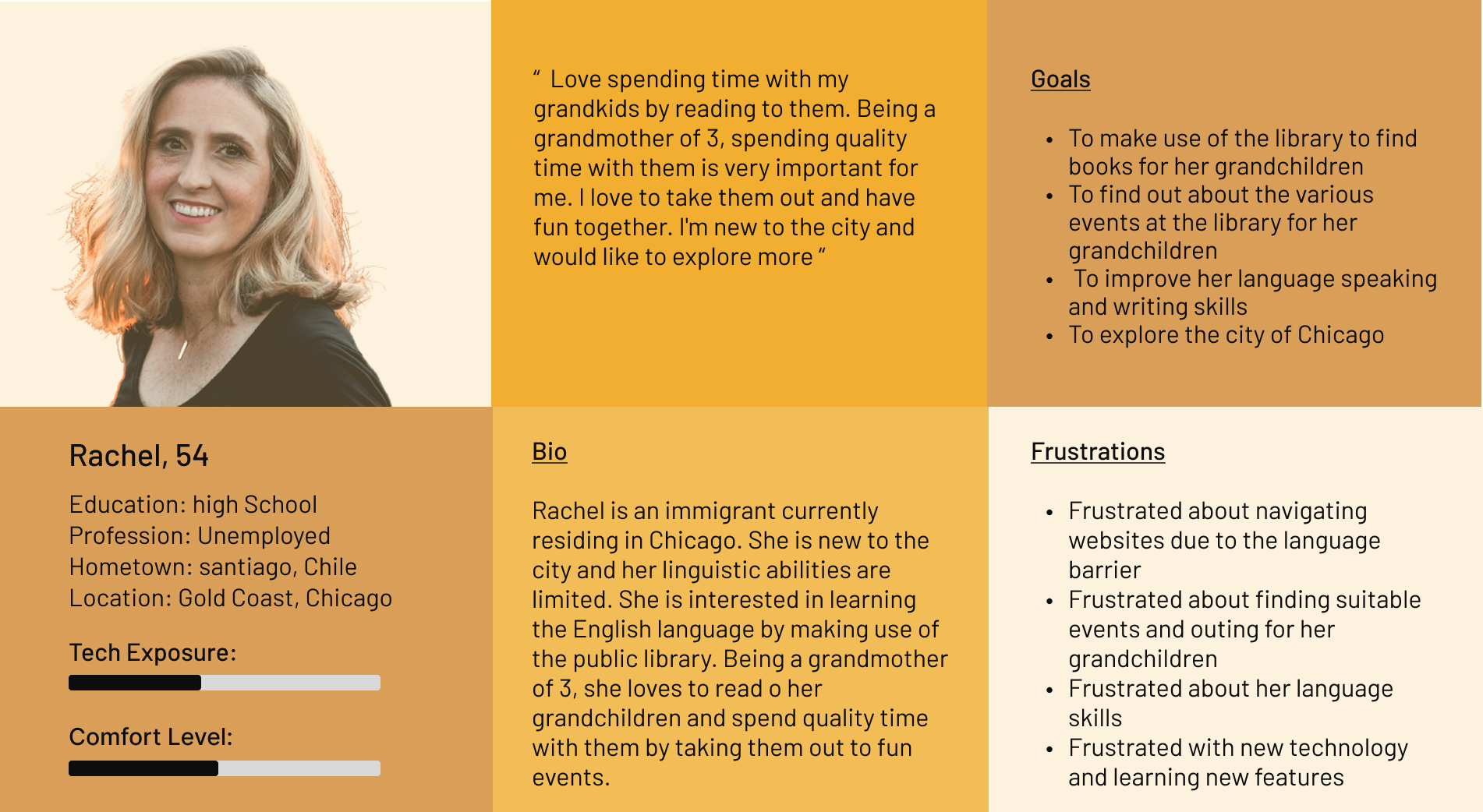 Rachel persona card — immigrant grandmother